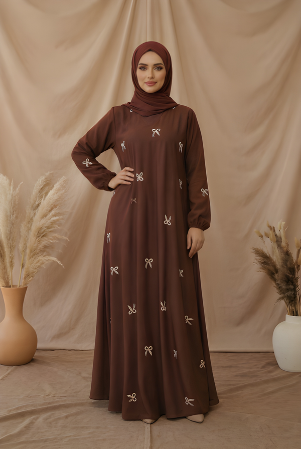 Velora Satin Bow Abaya — Luxury Mocha Brown with Matching Hijab