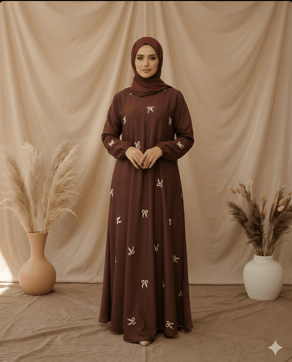Velora Satin Bow Abaya — Luxury Mocha Brown with Matching Hijab