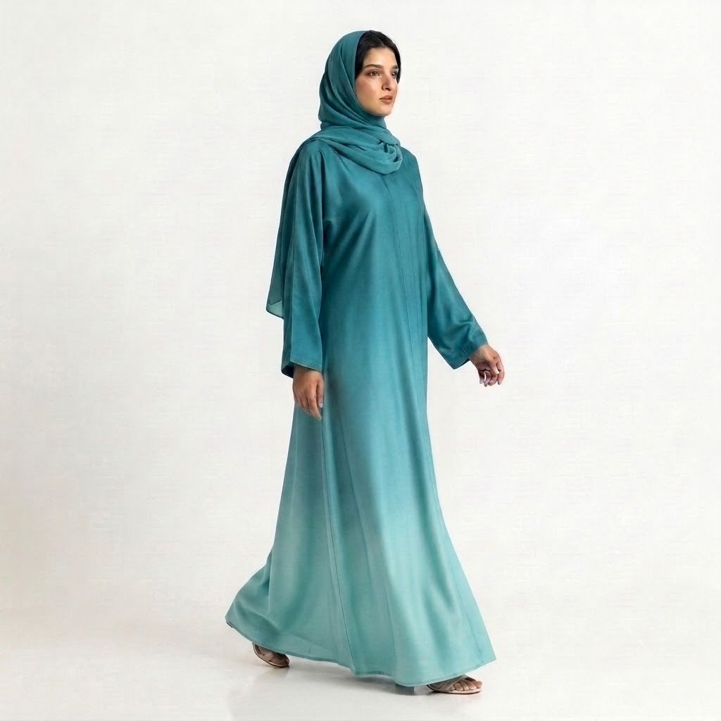 Front view of Ocean Fade Ombre Gown - premium Premium TikTok Fabric modest wear