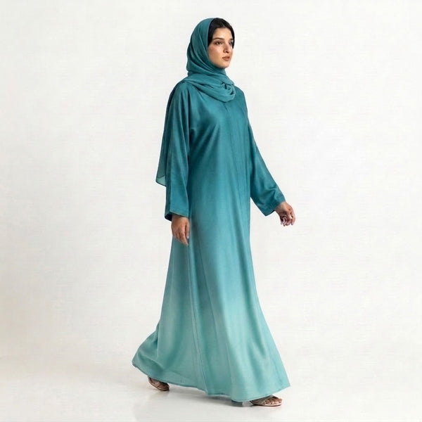 Front view of Ocean Fade Ombre Gown - premium Premium TikTok Fabric modest wear