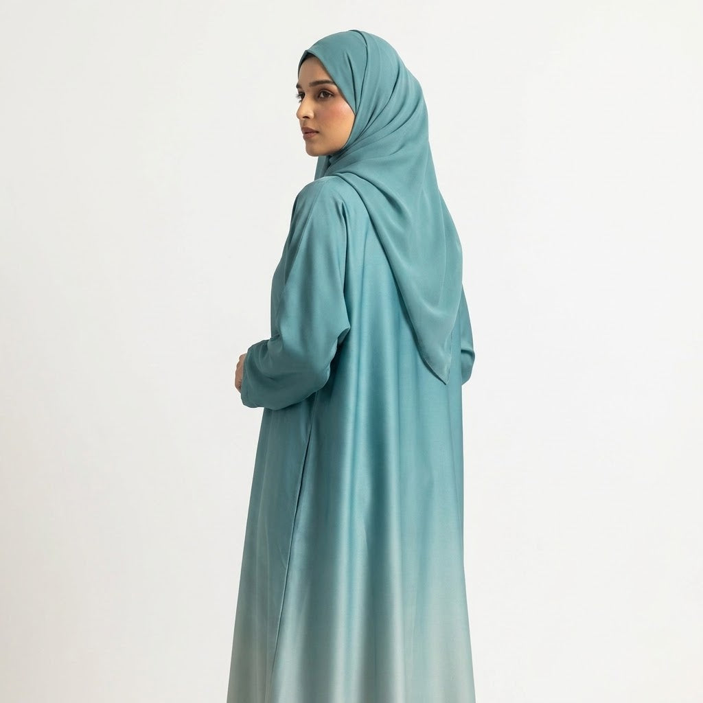 Side profile of Ocean Fade Ombre Gown highlighting the silhouette