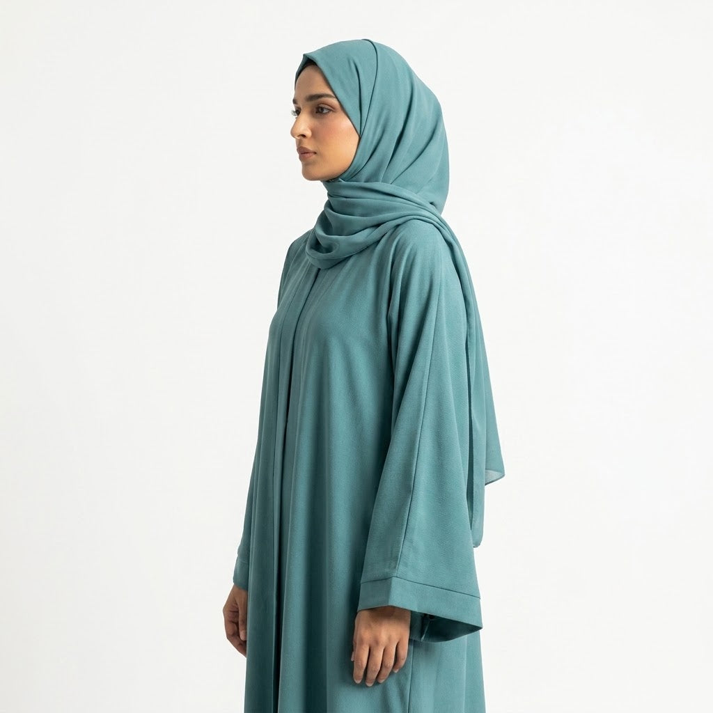 Styled look of Ocean Fade Ombre Gown, perfect for semi-formal wear, boutique modest wear, and casual luxury outings