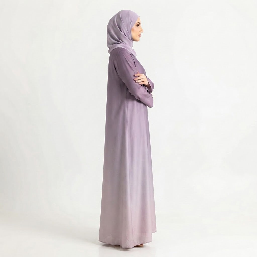 Styled look of Royal Mauve Fade Gown, perfect for semi-formal wear, boutique modest wear, and casual luxury gatherings