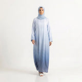 Full-length view of Sky Horizon Ombre Gown in Powder / Ice Blue base fading into Deep Steel / Slate Blue