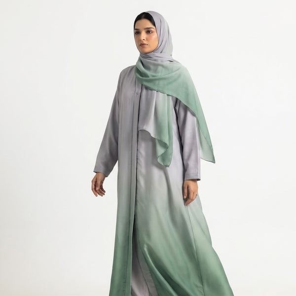 Close-up detail of Sage Silver Breeze Abaya showcasing the design work
