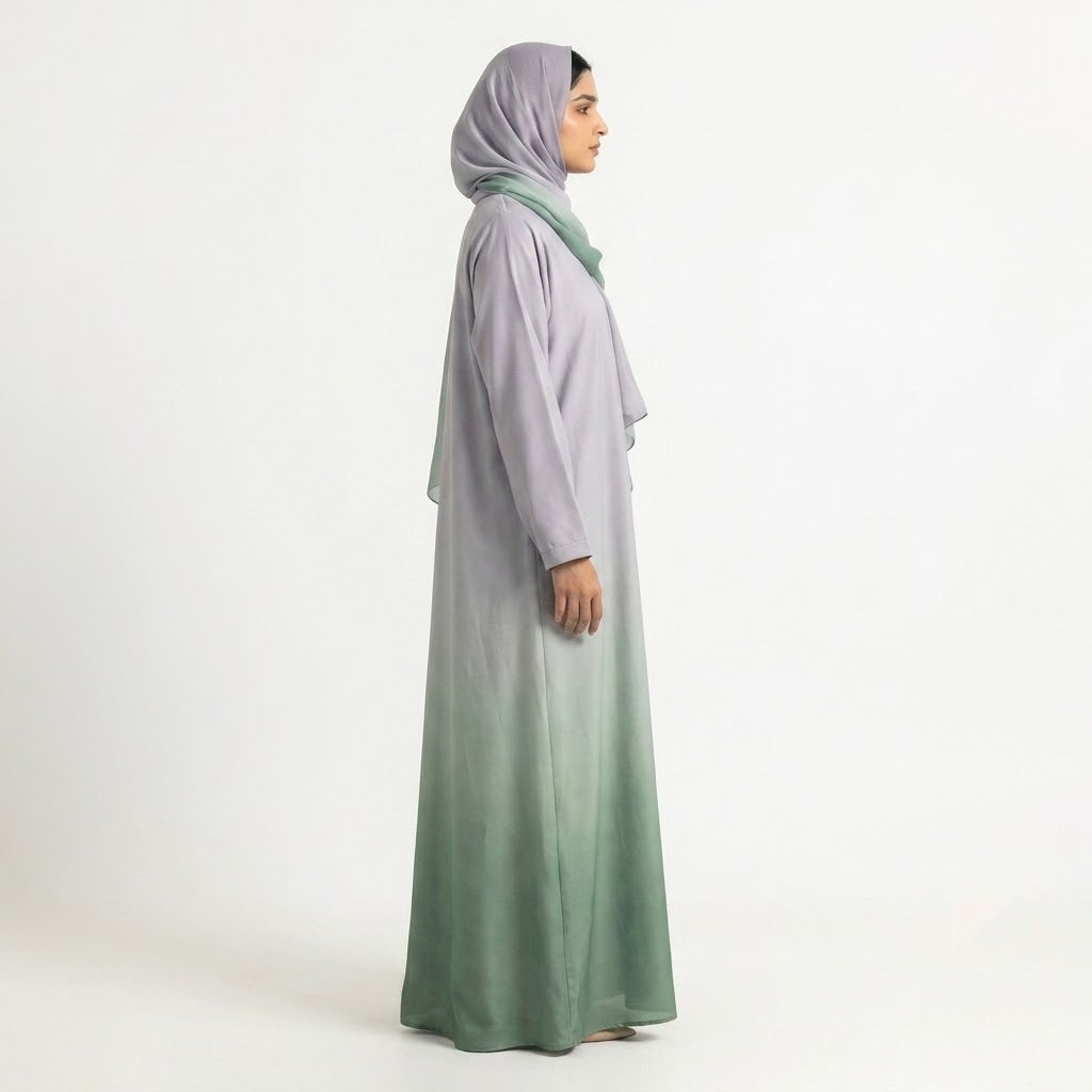 Styled look of Sage Silver Breeze Abaya, perfect for semi-formal wear, boutique modest wear, and casual chic layering