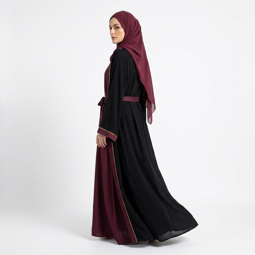 Close-up detail of Onyx Maroon 2-Piece Abaya Set