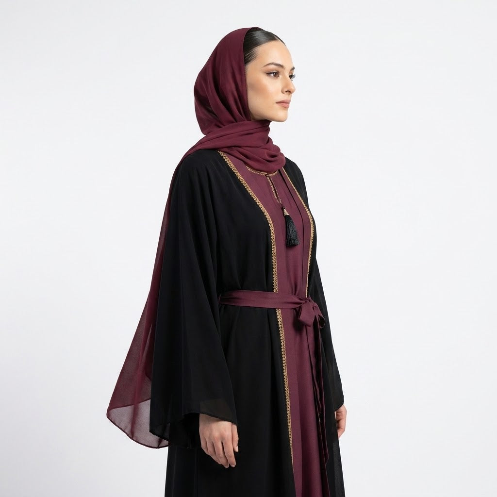 Styled full length look of Onyx Maroon 2-Piece Abaya Set