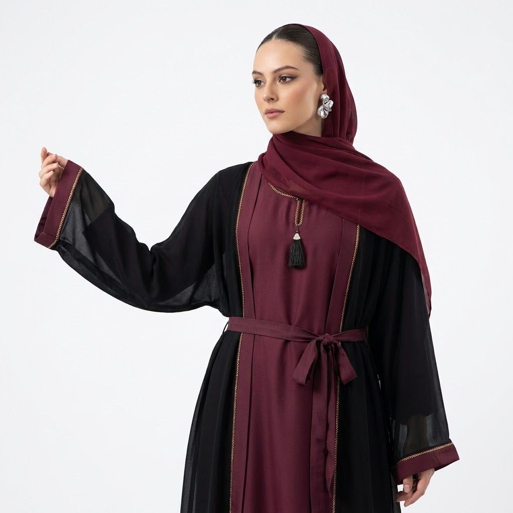 Front view of Onyx Maroon 2-Piece Abaya Set