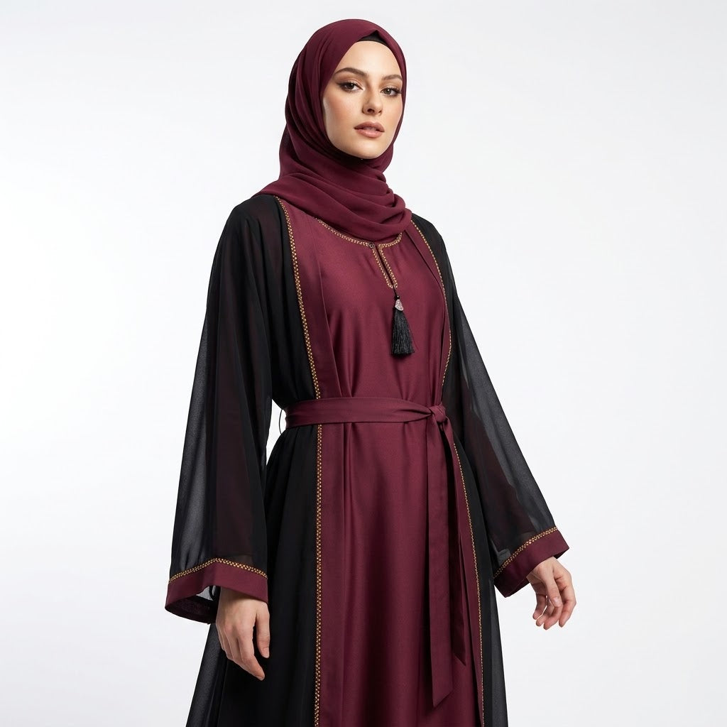Back view of Onyx Maroon 2-Piece Abaya Set