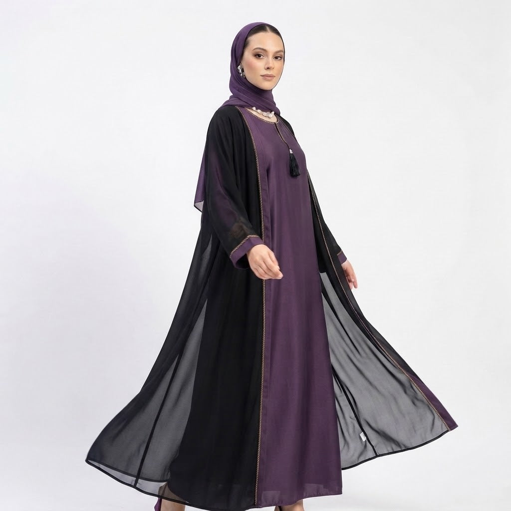 Front view of Imperial Plum Onyx Set two-piece abaya