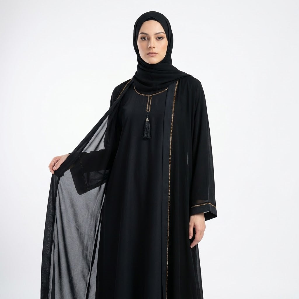 Front view of Midnight Onyx Jet Set two-piece abaya