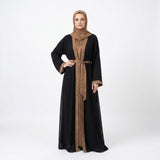 Front view of Midnight Onyx Caramel Set two-piece abaya