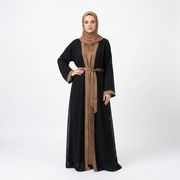 Front view of Midnight Onyx Caramel Set two-piece abaya
