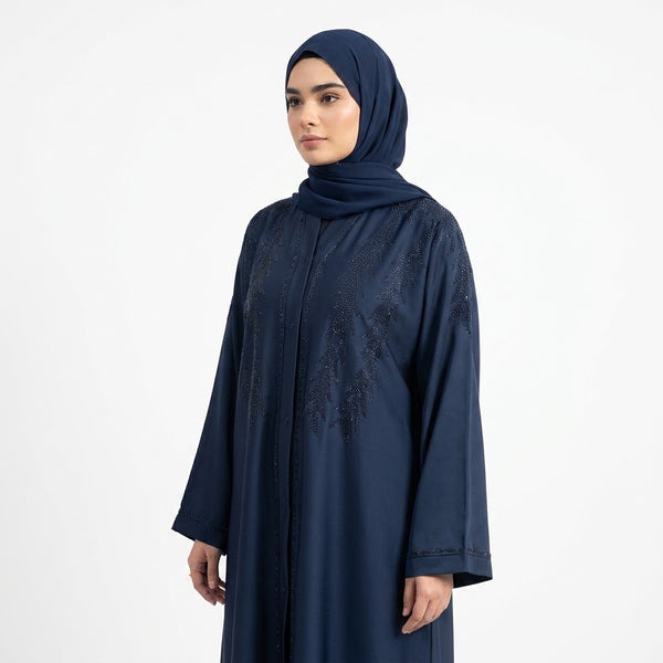 Close-up detail of Feather Rhinestone Deep Abaya showcasing rhinestone embellishment