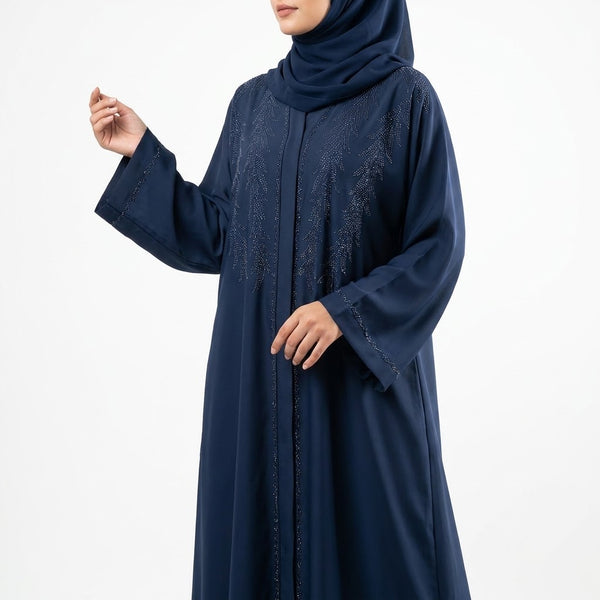 Front view of Feather Rhinestone Deep Abaya