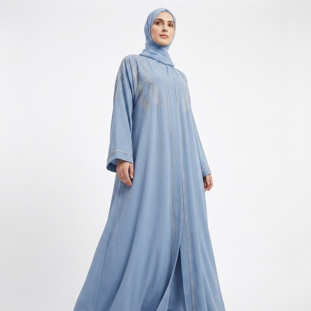 Side profile of Steel Royal Feather Rhinestone Abaya highlighting the silhouette