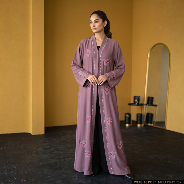 Side profile of Dusty Mauve Butterfly Abaya highlighting the silhouette