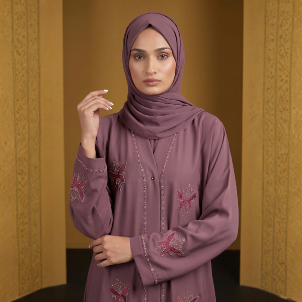 Close-up detail of Dusty Mauve Butterfly Abaya showcasing butterfly embellishment