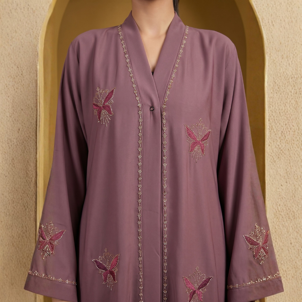 Front view of Dusty Mauve Butterfly Abaya