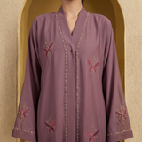 Front view of Dusty Mauve Butterfly Abaya