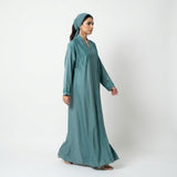Front view of Aqua Sky Turquoise DMC Abaya - premium TikTok fabric modest wear
