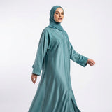 Side view of Aqua Sky Turquoise DMC Abaya open front abaya