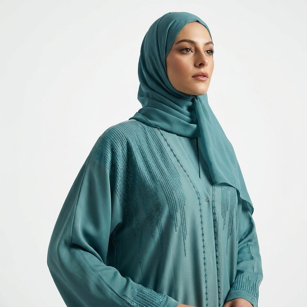 Aqua Sky Turquoise DMC Abaya styled full length view