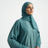 Aqua Sky Turquoise DMC Abaya styled full length view