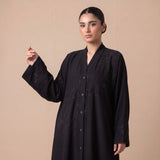 Front view of Cascading Butterfly Embroidery Coat - premium Premium Nida (Nidha) Fabric modest wear