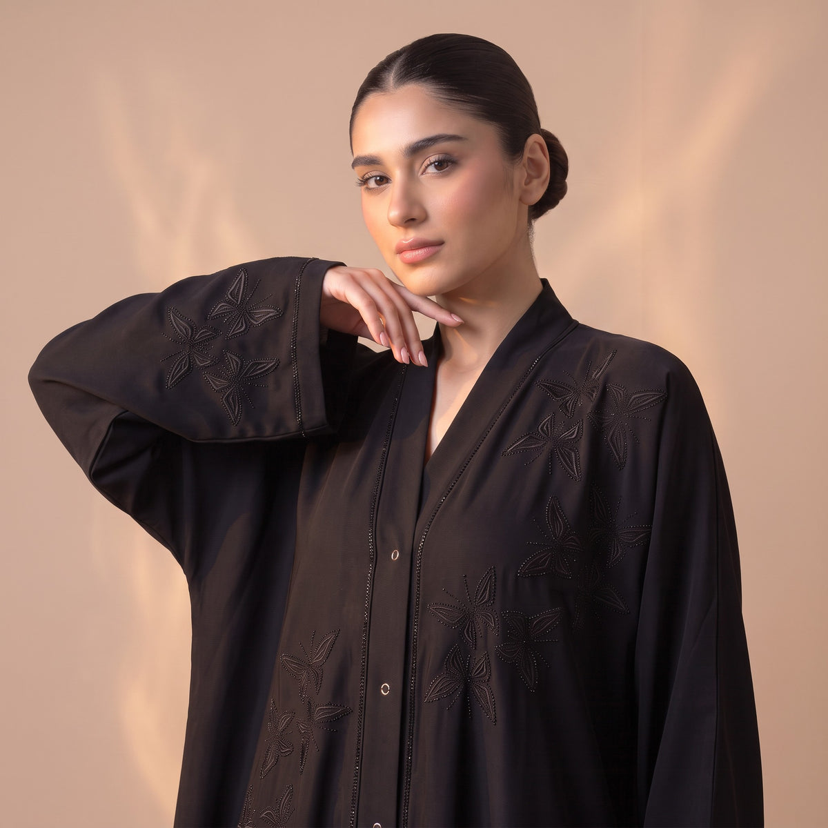 Side profile of Cascading Butterfly Embroidery Coat highlighting the silhouette