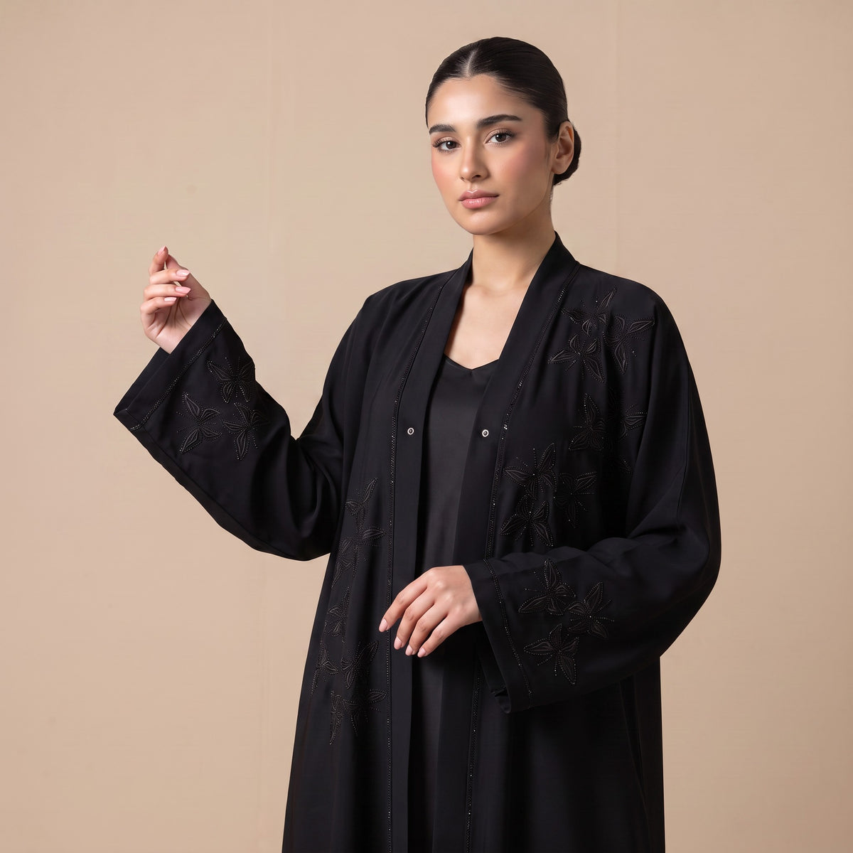 Styled look of Cascading Butterfly Embroidery Coat, perfect for evening formalwear, eid celebrations, party wear, and luxury modest styling