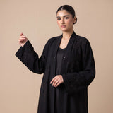 Styled look of Cascading Butterfly Embroidery Coat, perfect for evening formalwear, eid celebrations, party wear, and luxury modest styling