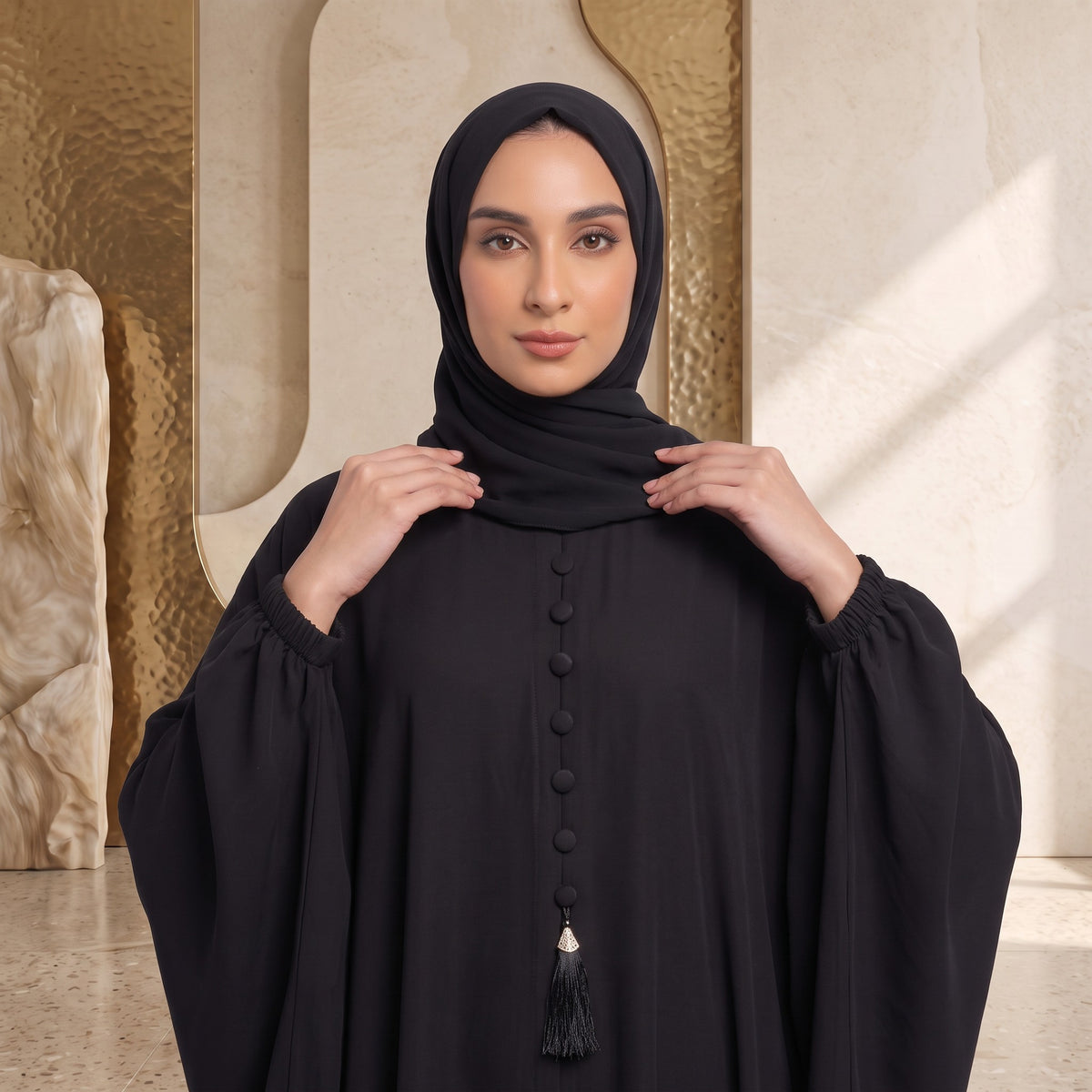 Close-up detail of Fabric-Covered Button Placket Kaftan showcasing the design work