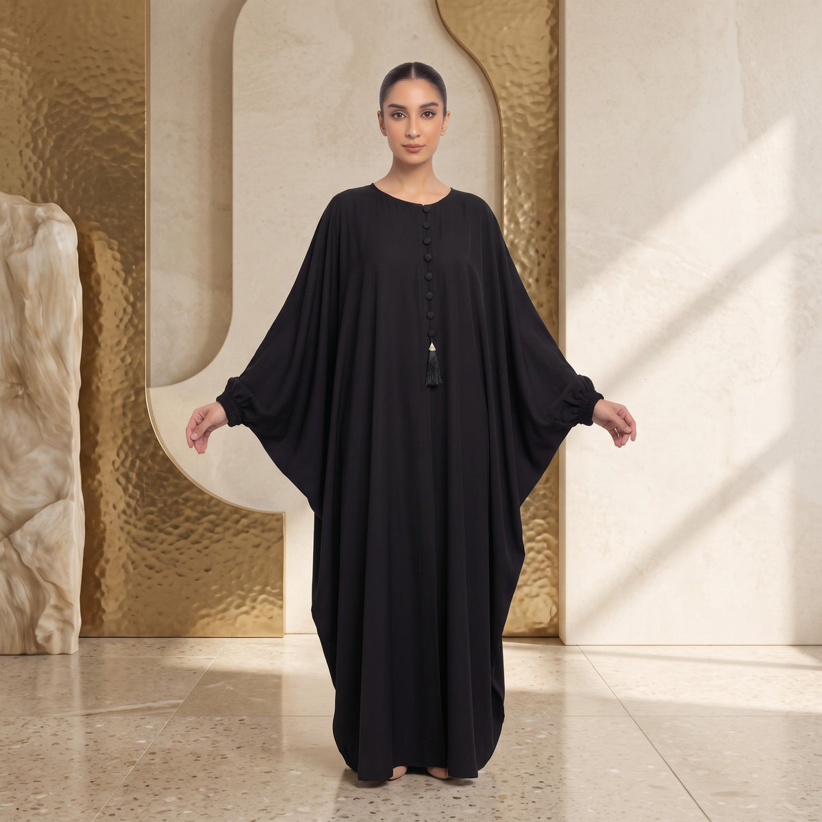 Side profile of Fabric-Covered Button Placket Kaftan highlighting the silhouette