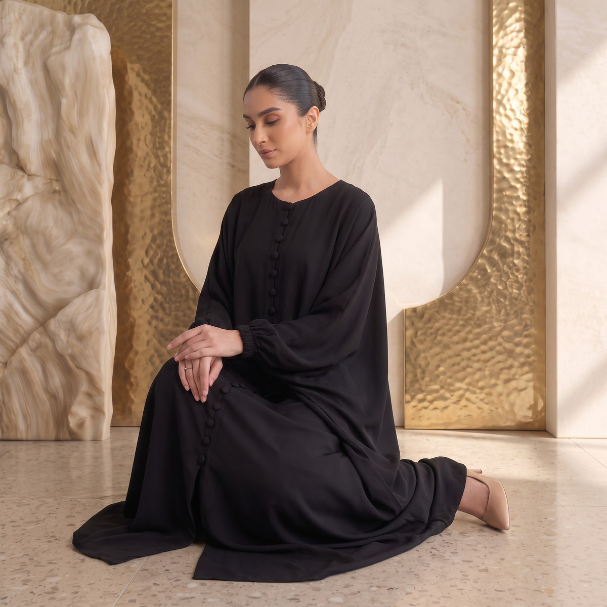Styled look of Fabric-Covered Button Placket Kaftan, perfect for daily luxury, prayer wear, family gatherings, and modest travel