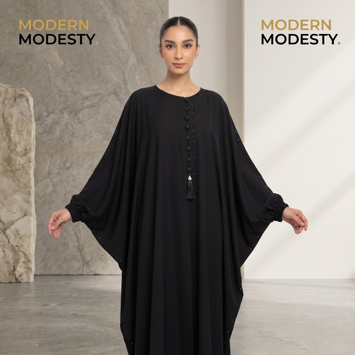 Full-length view of Fabric-Covered Button Placket Kaftan in Deep Jet Black