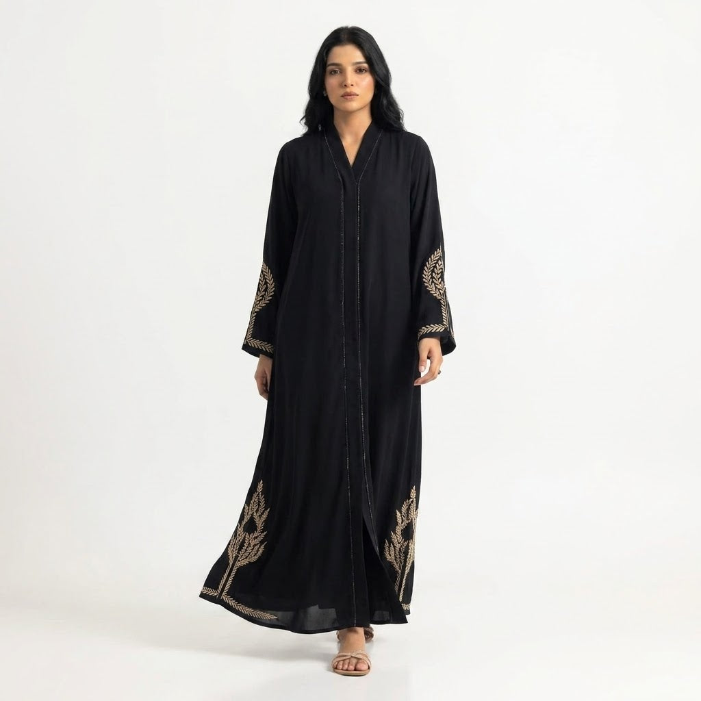 Front view of Majestic Antique-Gold Botanical Coat - premium Premium Nida (Nidha) Fabric modest wear