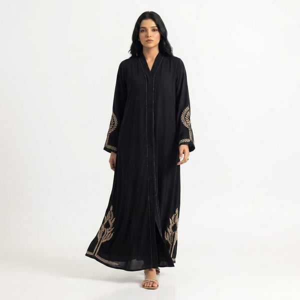 Front view of Majestic Antique-Gold Botanical Coat - premium Premium Nida (Nidha) Fabric modest wear
