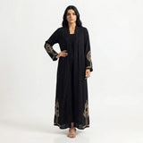 Styled look of Majestic Antique-Gold Botanical Coat, perfect for formal evening wear, festive events, weddings, and boutique luxury modest fashion