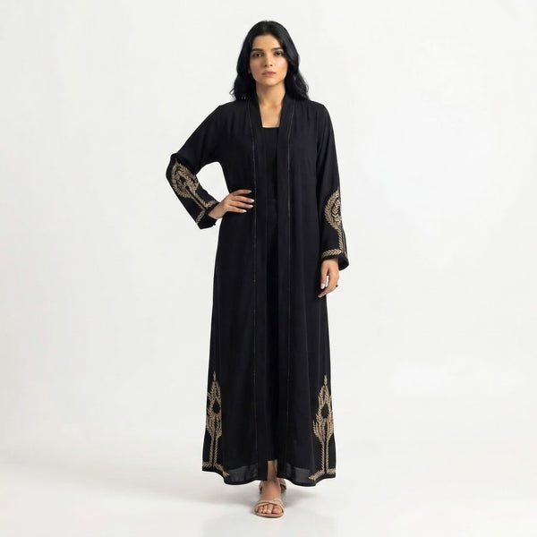 Styled look of Majestic Antique-Gold Botanical Coat, perfect for formal evening wear, festive events, weddings, and boutique luxury modest fashion