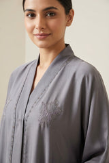 Front view of Slate Embroidered Butterfly Rhinestone Coat - premium Premium Nida (Nidha) Fabric modest wear