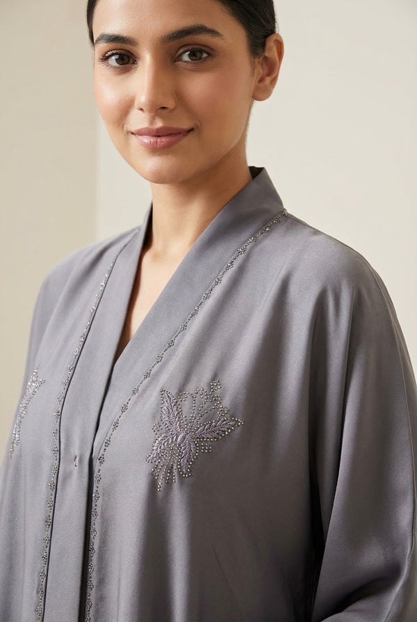 Front view of Slate Embroidered Butterfly Rhinestone Coat - premium Premium Nida (Nidha) Fabric modest wear