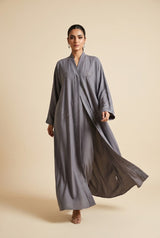 Side profile of Slate Embroidered Butterfly Rhinestone Coat highlighting the silhouette