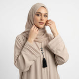 Front view of Champagne Beige Pintuck Panel Gown - premium TikTok fabric closed abaya