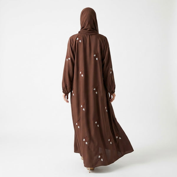 Front view of Chocolate Floral Sprig Nida Gown with floral embroidery