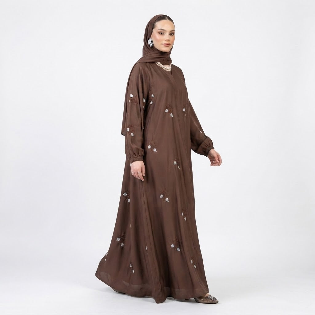 Side view of Chocolate Floral Sprig Nida Gown showing sleeve cuff detail