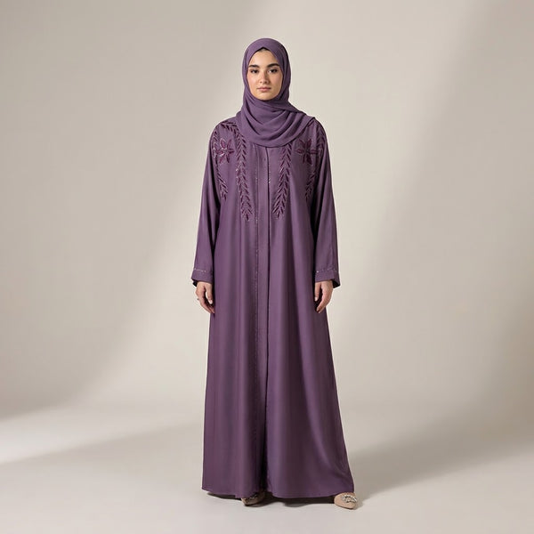 Front view of Luminous Embellished Coat - premium Premium TikTok Fabric (durable, lightweight, breathable matte crepe texture). modest wear