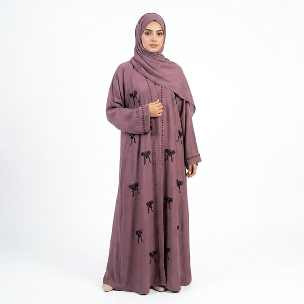 Close-up detail of Mauve Ribbon Abaya showcasing the design work