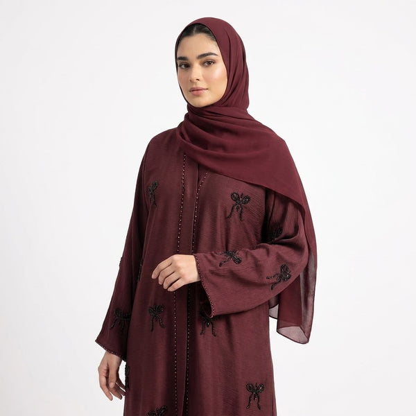 Front view of Hand-Crafted Cut-Dana Bow Abaya 2 - premium fabric modest wear